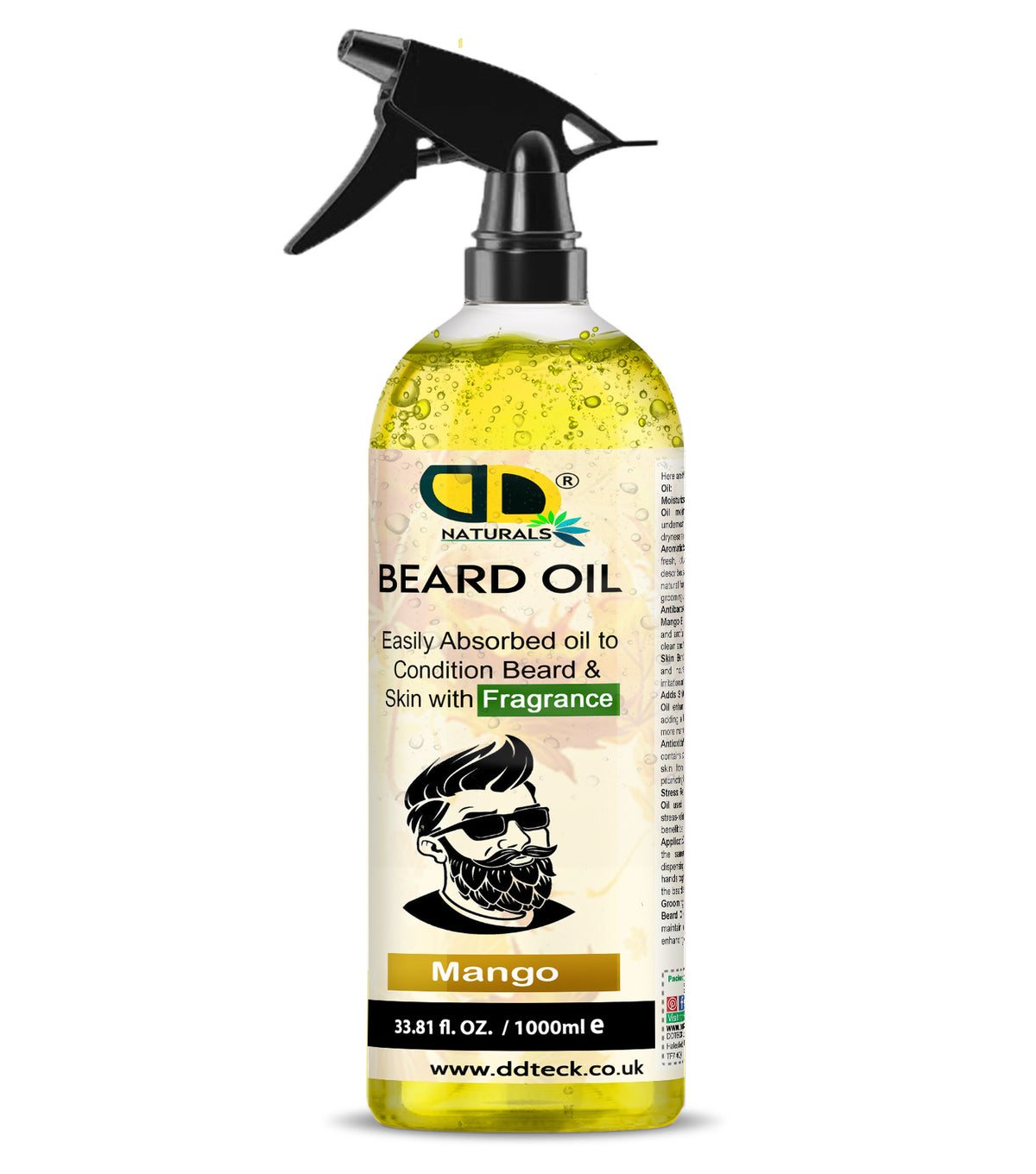 Bottle of DD Naturals Beard Oil with a spray nozzle on a white background