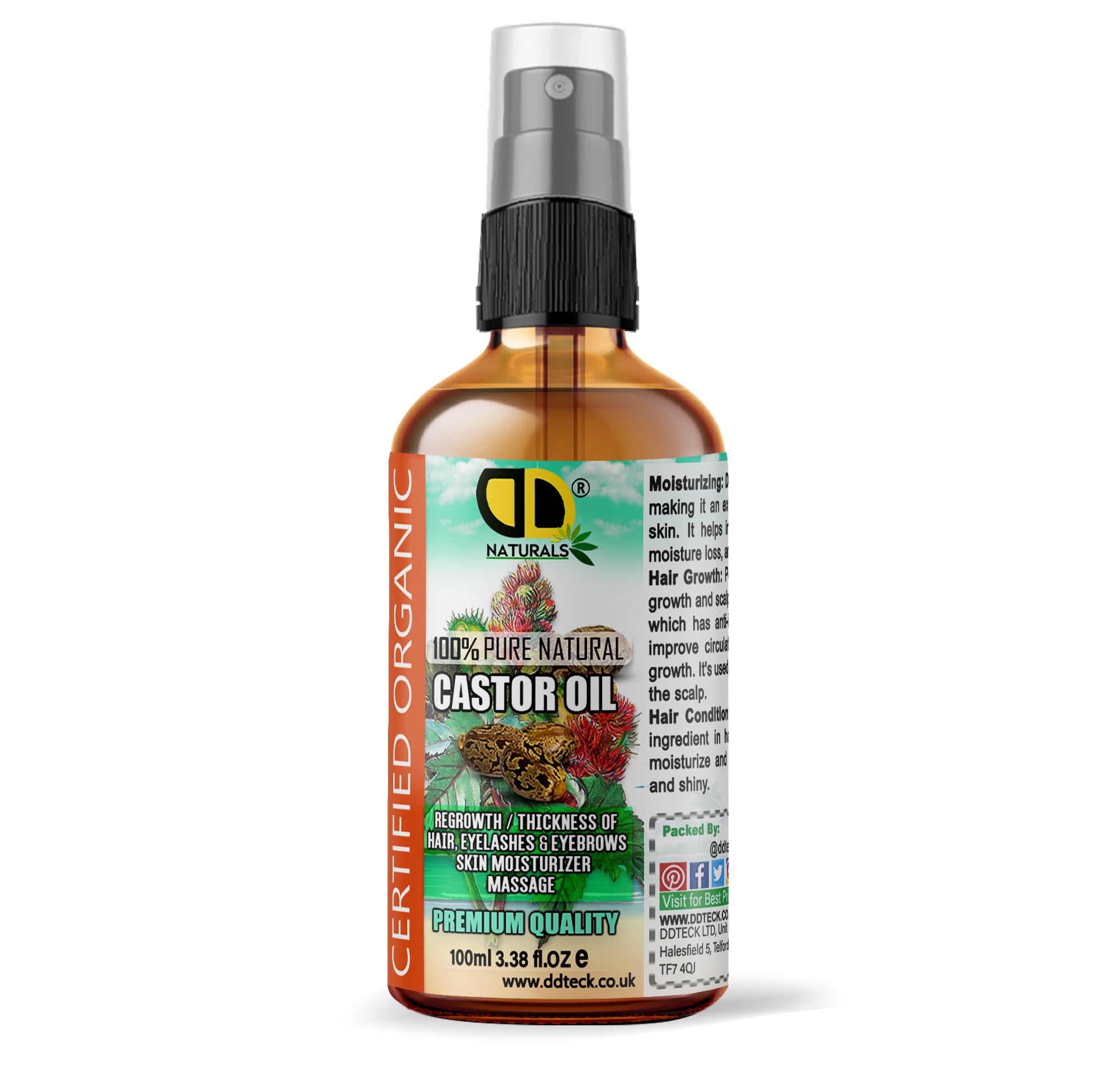 100% Pure Natural Castor Oil – Certified Organic Hair & Lash Growth Treatment