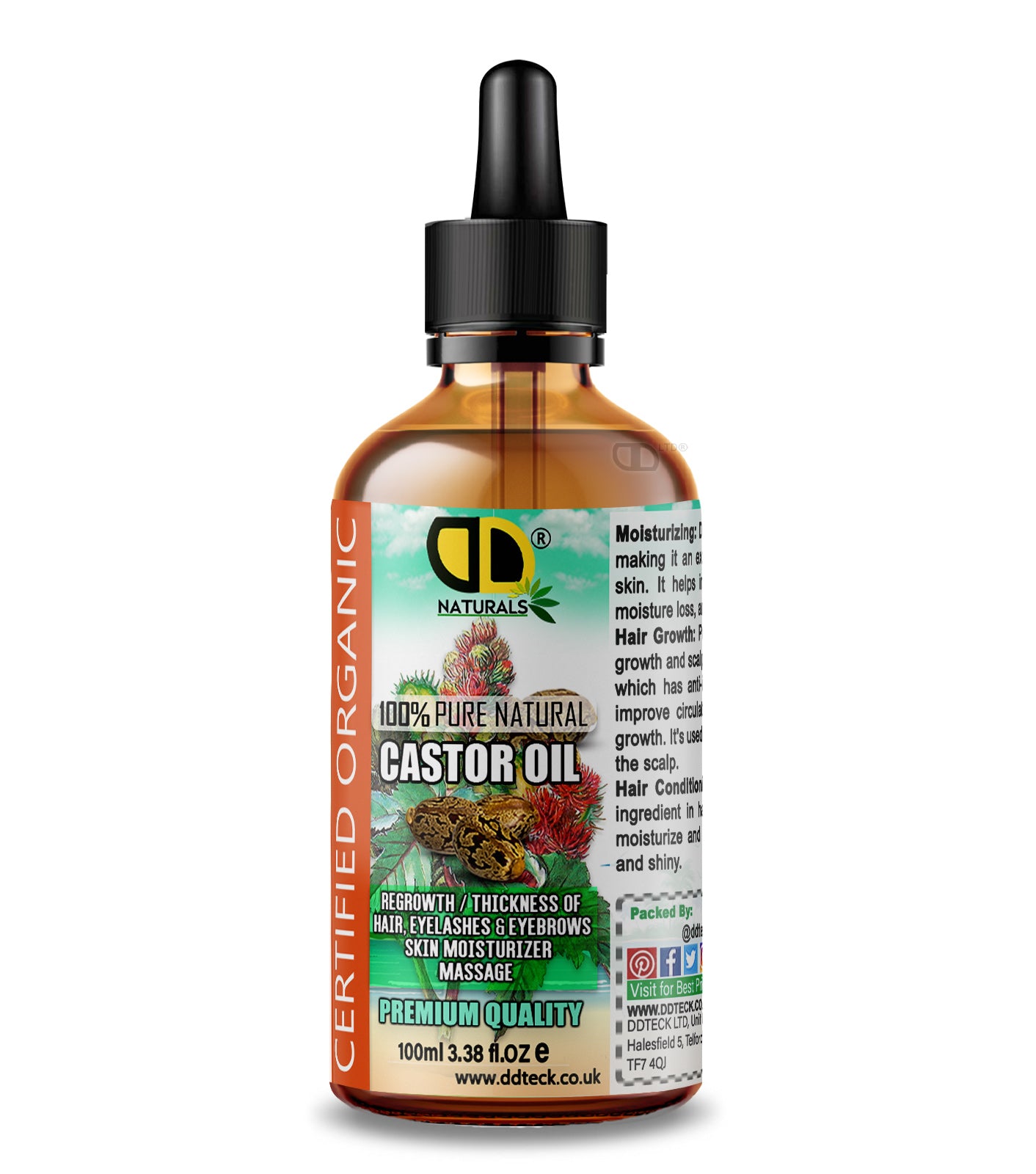 100% Pure Natural Castor Oil – Certified Organic Hair & Lash Growth Treatment