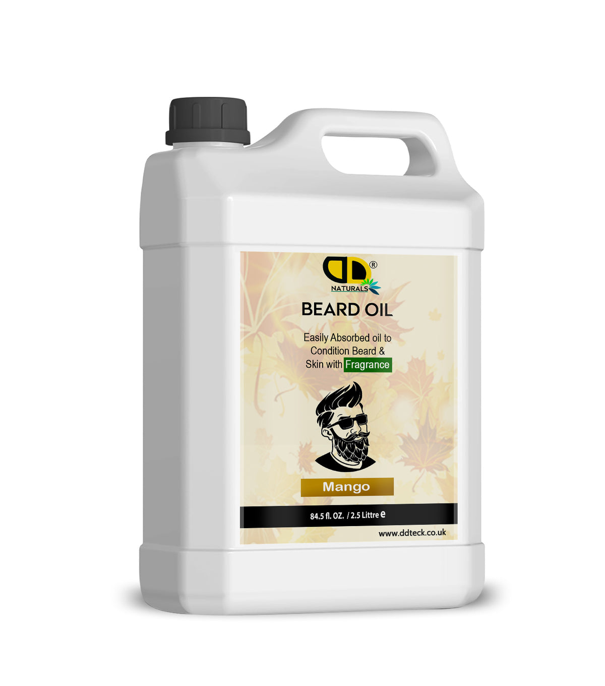 Bottle of D&B Beard Oil with Mango fragrance on a white background