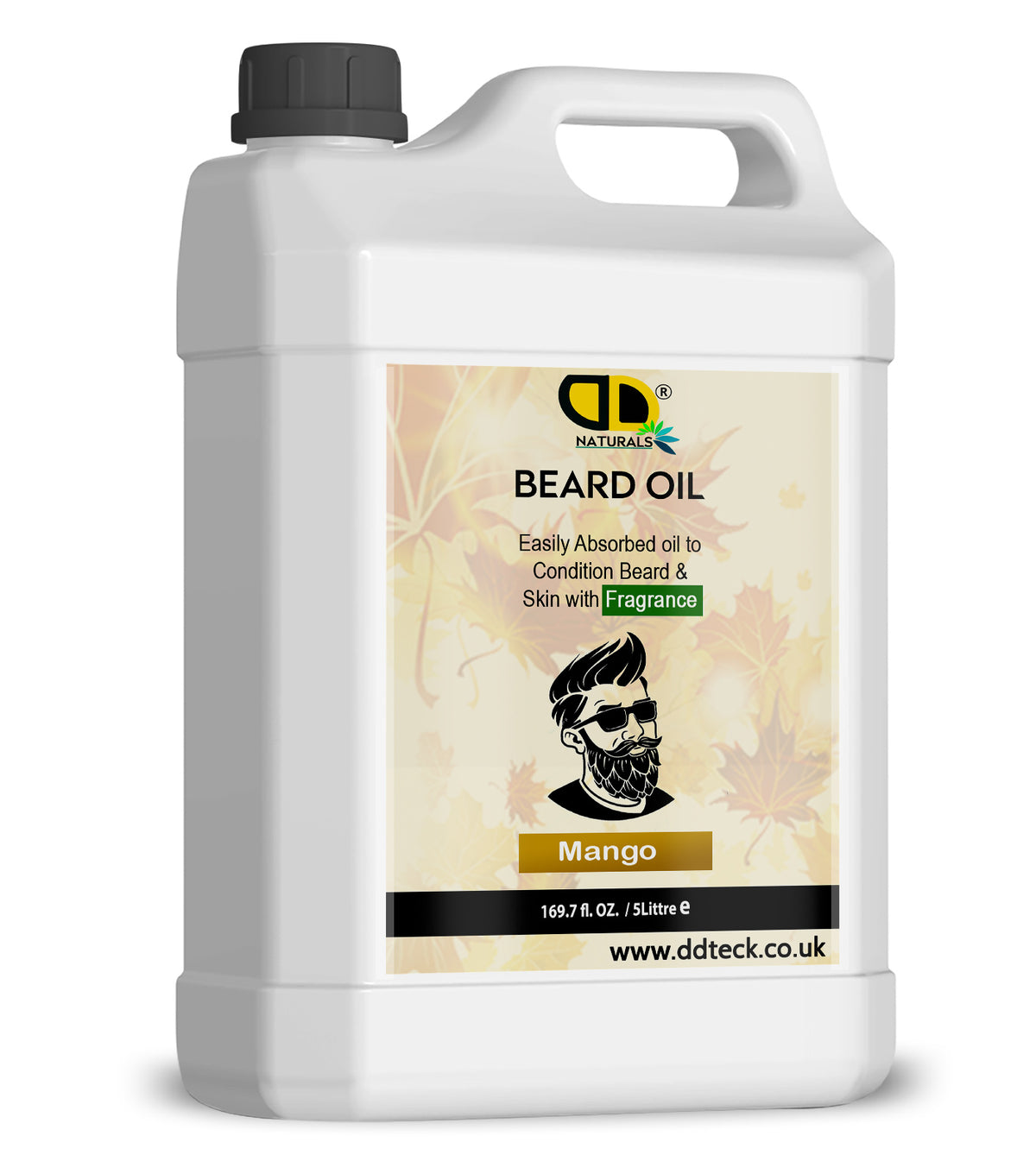 Bottle of DD Naturals Beard Oil with Mango fragrance on a white background