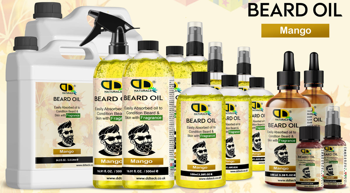 Collection of QD Naturals beard oil products on a beige background